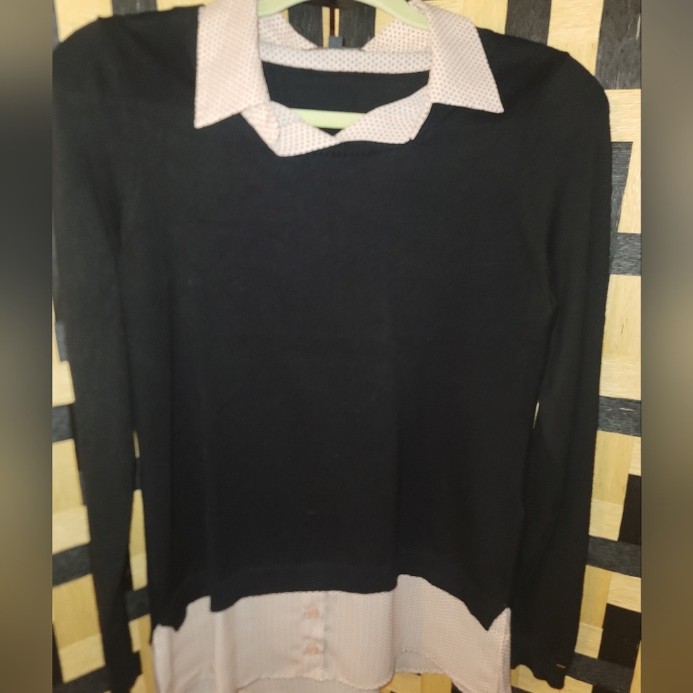 Adrianna Papell Womens Small Black Layered Look Polka Dot Collar Sweater Top